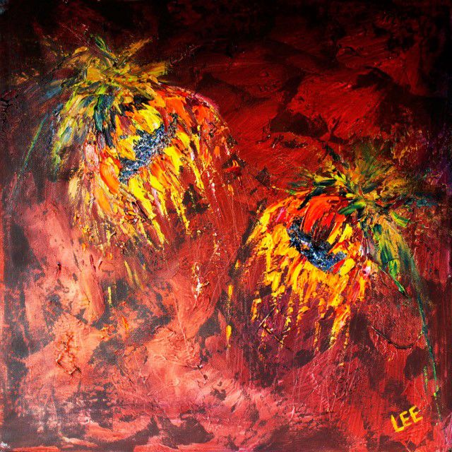 A pair of sunflowers in this painting by Lori Lee
